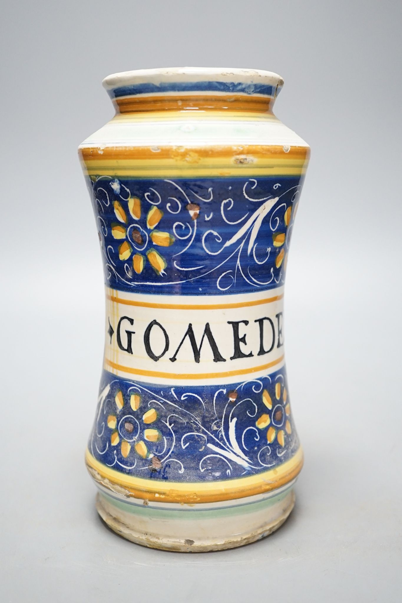 An 18th/ 19th century Italian maiolica ‘GOMEDERA’ albarello, 22.5cm
